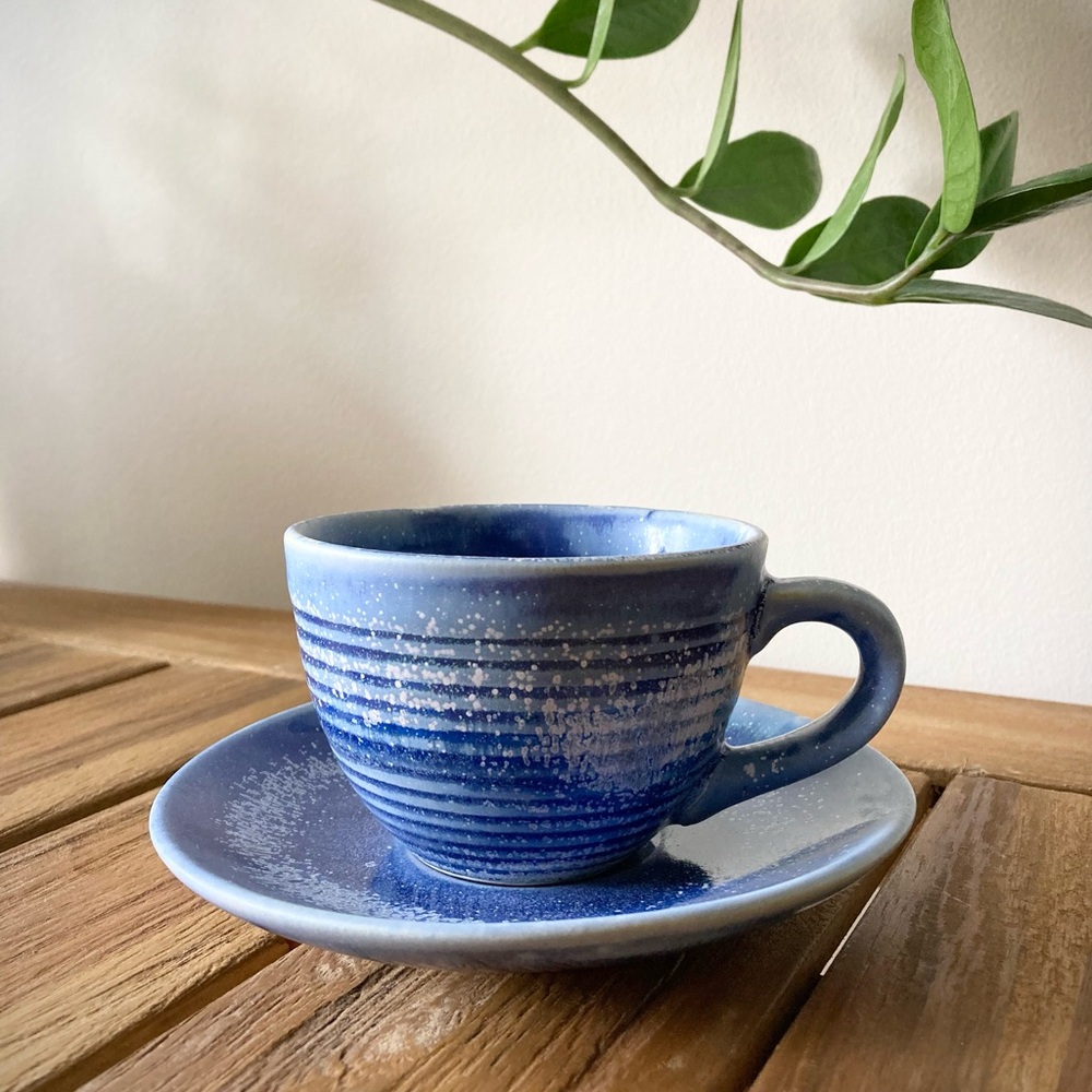 studio pottery tea cup saucer set handthrown coffee mug plate ceramic art blue